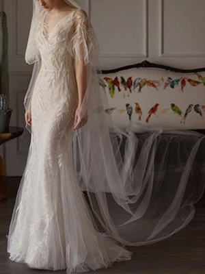 Wedding Dresses 2021 Sheath Sihouette Half Sleeve V Neck Floor Length Bamboo Leaf Lace Bridal Gown_1