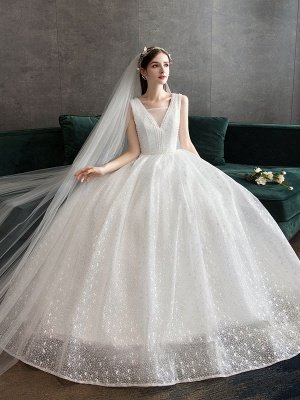 Ivory Wedding Dress Tulle Beaded V Neck Sleeveless Floor Length Princess Bridal Gown_1