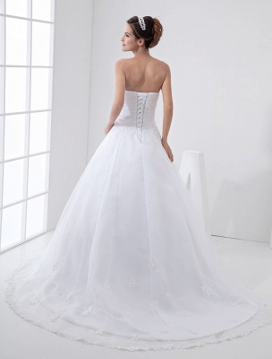 White Wedding Dresses Strapless Bridal Gown Lace Beading Side Draped Bridal Dress With Train_4