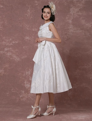 Robe de mariée vintage Satin courte robe de mariée dentelle perles thé longueur réception robe de mariée détachable nœud ceinture exclusif_8