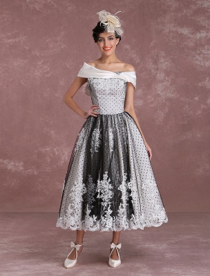 Black Wedding Dresses Vintage Short Bridal Gown Lace Off The Shoulder Polka Dot Print Bridal Dress With Bow At Back Exclusive_2