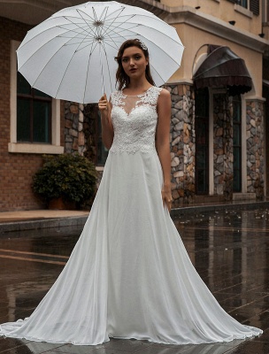 Robe de mariée blanche Illusion décolleté sans manches appliques en mousseline de soie longueur de plancher robes de mariée robe de train_2