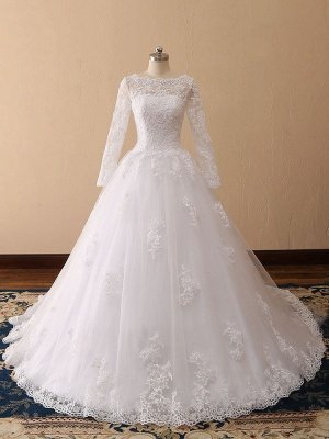 Wedding Dresses 2021 Princess Silhouette Bateau Neck Long Sleeve Natural Waist Lace Tulle Bridal Gowns_5
