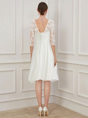Ivory Short Wedding Dress Knee Length V Neck Half Sleeves A Line Natural Waist Chiffon Bridal Dresses_3