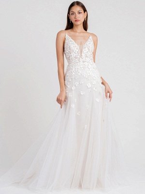 Robe de mariée blanche train chapelle A-ligne sans manches satin mat col en V dentelle tulle robes de mariée_1