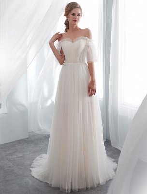 Ivory Wedding Dresses Off Shoulder Half Sleeve Tulle Beach Bridal Dress With Train_1