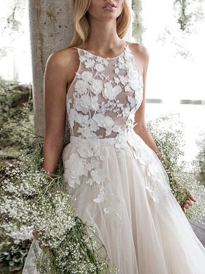 Wedding Dress Jewel Neck A Line Sleeveless Flowers Floorlength Backless Bridal Gowns_4