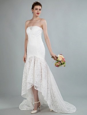 Simple Wedding Dress Strapless Sleeveless Lace Mermaid Bridal Gowns With Train_4