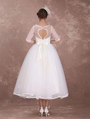 Vintage Wedding Dress 1950'S Short Bridal Dress Ivory Backless Polka Dot Half Sleeve Sweetheart Bow Sash Weddig Reception Dress Exclusive_6