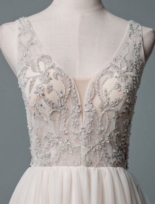 Einfaches Hochzeitskleid A-Linie V-Ausschnitt ärmellose Applikationen Perlen bodenlangen Brautkleider_4