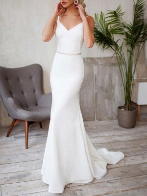 Sexy Wedding Dress Lycra Spandex V Neck Sleeveless Strap Sash Mermaid Bridal Dresses With Train_1