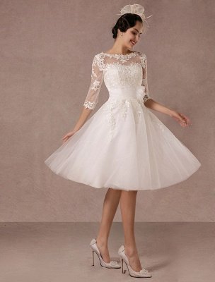 Short Wedding Dress Vintage Lace Applique Long Sleeves Tea Length A Line Tulle Bridal Gown With Flower Sash Exclusive_1