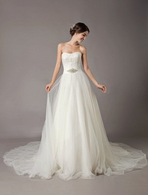 Wedding Dresses Ivory Strapless Lace Beaded Chapel Train Bridal Gowns_4