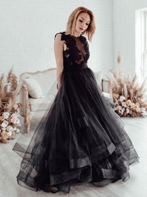 Black Bridal Dress A-Line Illusion Neckline Sleeveless Backless Applique Floor-Length Lace Tulle Bridal Gowns_2