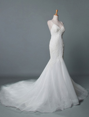 Simple Wedding Dress Lace V Neck Sleeveless Lace Mermaid Bridal Dresses With Train_2