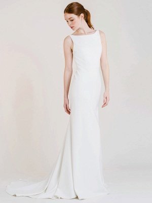 White Simple Wedding Dress With Train Bateau Neck Sleeveless Backless Satin Fabric Mermaid Bridal Dresses_1