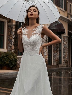 Robe de mariée blanche Illusion décolleté sans manches appliques en mousseline de soie longueur de plancher robes de mariée robe de train_6