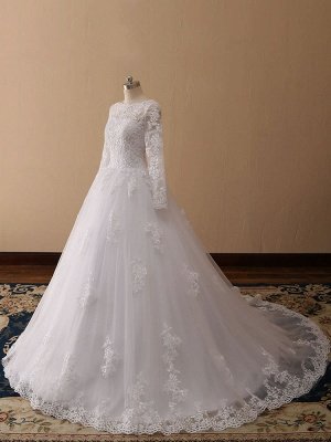 Wedding Dresses 2021 Princess Silhouette Bateau Neck Long Sleeve Natural Waist Lace Tulle Bridal Gowns_6