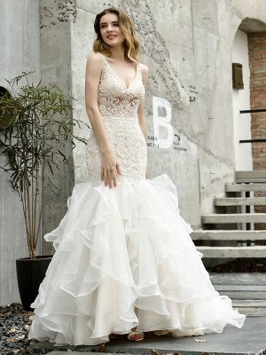 Wedding Bridal Gowns Mermaid Sleeveless V Neck Lace Bridal Gowns With Train_3