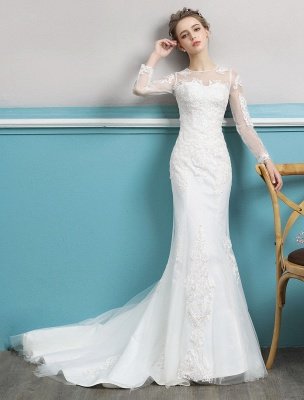 Mermaid Wedding Dresses Long Sleeve Ivory Lace Illusion Train Bridal Gowns_1