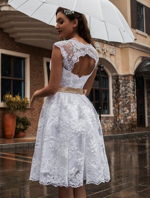 Robe de mariée écru blanc longueur au genou une ligne sans manches dentelle col en V Midi robes de mariée_2