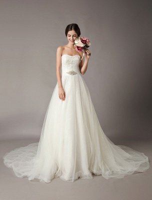 Wedding Dresses Ivory Strapless Lace Beaded Chapel Train Bridal Gowns_3