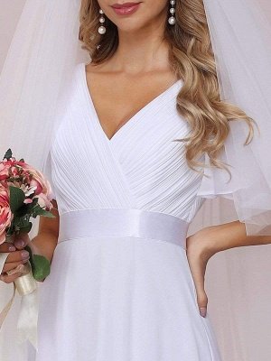 Simple Wedding Dress Chiffon V-Neck Short Sleeves Backless A-Line Long Bridal Gowns_8