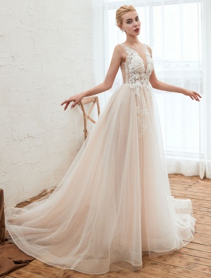 Wedding Dress 2021 V Neck Sleeveless A Line Tulle Bridal Gowns With Train_5