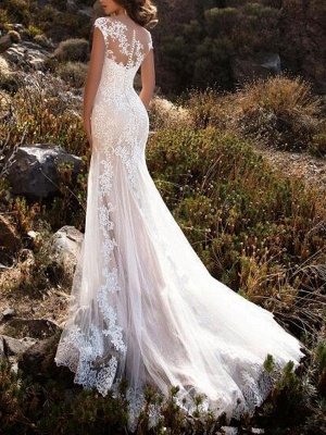 Vestido de novia 2021 Cuello en V Sirena Sin mangas Adorno de encaje Vestidos de novia clásicos con cola_2