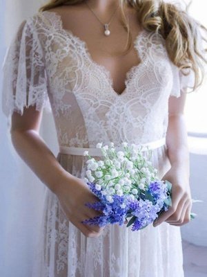 Simple Wedding Dress 2021 V Neck A Line Short Sleeve Deep V Backless Lace Bridal Gowns_2