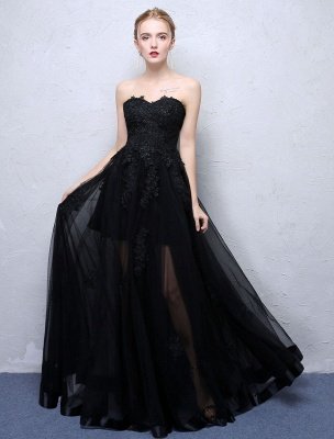 Black Prom Dresses Strapless Long Party Dress Lace Applique Sweetheart Illusion Formal Evening Dress_2