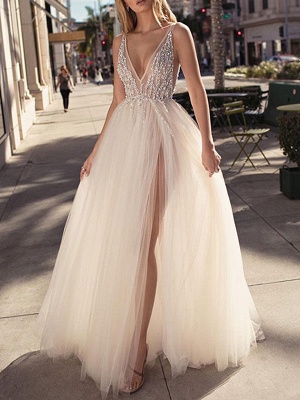 Bridal Dress 2021 A Line V Neck Sleeveless Beaded Court Train Front Split Tulle Bridal Gowns_1