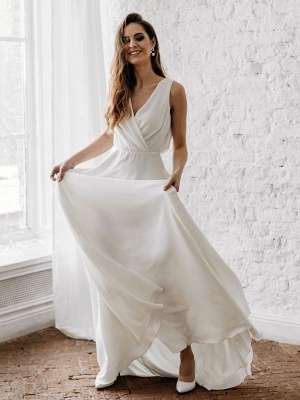 Robe de mariée blanche simple avec train col en V sans manches dos nu dentelle A-ligne robes de mariée en mousseline de soie_2