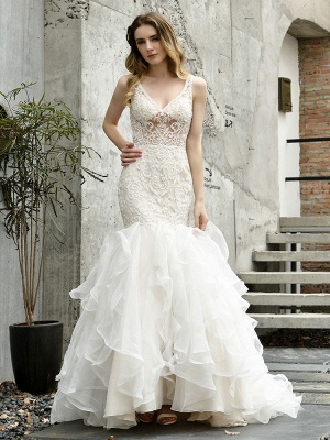 Wedding Bridal Gowns Mermaid Sleeveless V Neck Lace Bridal Gowns With Train_4