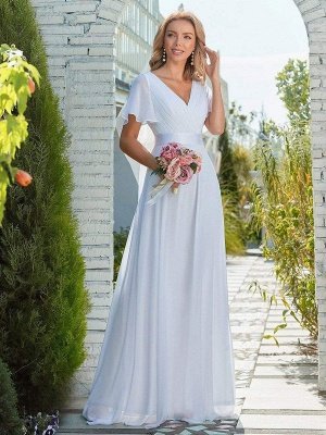 Robe de mariée simple en mousseline de soie col en V manches courtes dos nu A-ligne longues robes de mariée_2