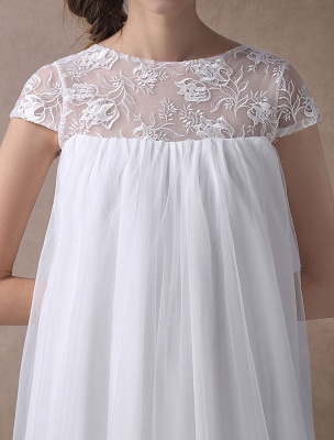 Robes de mariée simples taille empire courte dentelle tulle mancherons robe de mariée enceinte exclusive_9