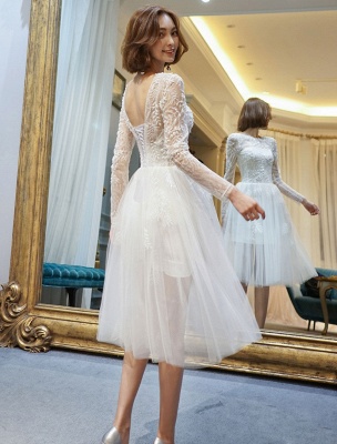 Short Wedding Dresses White Lace Long Sleeve Illusion Tea Length Bridal Dress_6