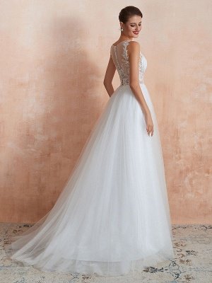 Robe de mariée 2021 Une ligne sans manches en dentelle longueur au sol Tulle robes de mariée avec train_6