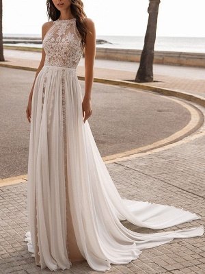 Ivory Wedding Dresses A Line With Court Train Sleeveless Applique Illusion Neckline Bridal Gowns_1