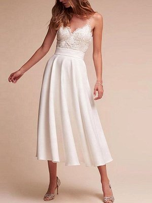 Short Wedding Dress V Neck Sleeveless A Line Tea Length Straps Bridal Gowns_1