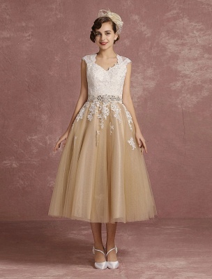 Vintage Wedding Dress Short Champagne Lace Applique Bridal Gown Queen Anne Neck Keyhole Bridal Dress Tea Length Exclusive_2