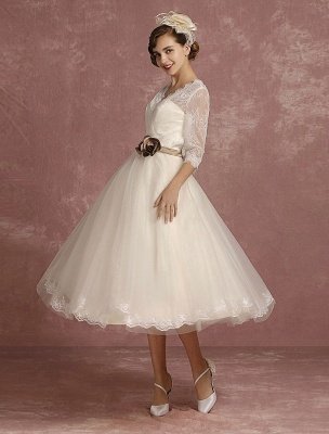 Robe de mariée vintage courte dentelle Tulle robe de mariée demi-manche col en V dos nu une ligne fleur ceinture thé longueur robe de mariée exclusive_6