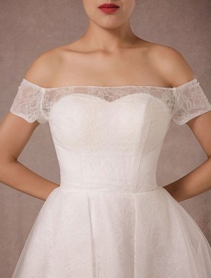 Robe de mariée courte en dentelle sur l'épaule Mini robe de mariée vintage trapèze_7
