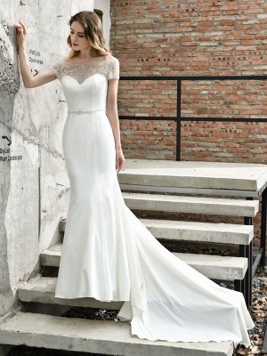 Wedding Dress Short Sleeves Illusion Neck Beaded Mermaid Bridal Gowns_1