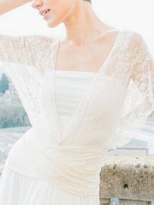 Einfache Brautkleider Mantel V-Ausschnitt Ärmellos Plissee Bodenlangen Mit Zug Spitze Brautkleider_2