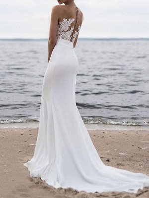 Wedding Dress 2021 Jewel Neck Sleeveless Mermaid Beach Wedding Bridal Gowns With Sweep Train_2
