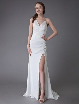 Beach Wedding Dresses Sexy Bridal Dress High Split Ivory Sheath Straps Summer Wedding Gowns Exclusive_1