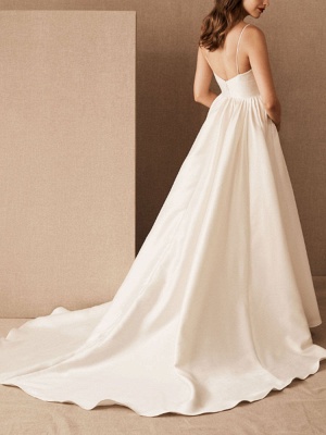 Simple Wedding Dress Satin V Neck Sleeveless Pockets A Line Bridal Gowns_4