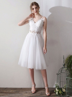 Short Wedding Dresses V Neck Sleeveless A Line Natural Tea Length Waist Organza Bridal Dresses_1