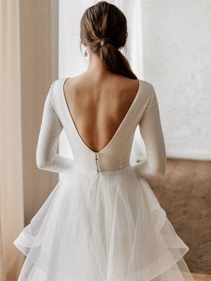 Vestidos de novia blancos hasta el suelo Mangas largas Escote en V con gradas Cintura natural Hasta el suelo Vestidos de novia_6